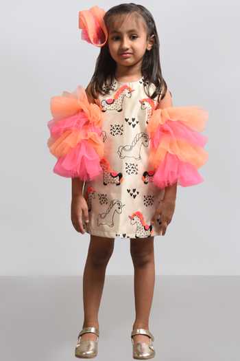 Lil Angels_Multi Color Cotton Multicolor Embellished Dress With Frill Sleeves _Online_at_Aza_Fashions