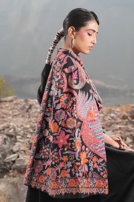 Buy_Neiza By Neeti Seth_Black Floral Thread Embroidered Cashmere Wool Cape _Online_at_Aza_Fashions