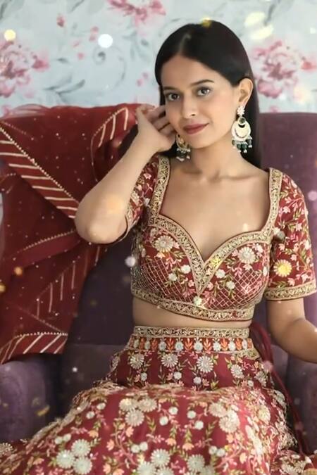 Shop_Aariyana Couture_Red Modal, Satin, Silk, Net Embroidery Asymmetric Floral Bridal Lehenga Set_Online_at_Aza_Fashions