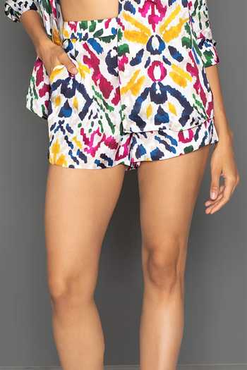 Redefine_White Cotton Silk Damask Shorts_Online_at_Aza_Fashions