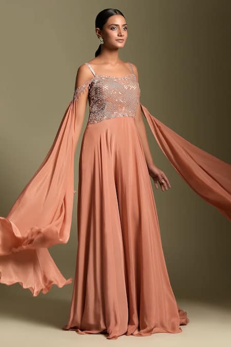 Two Sisters By Gyans Peach Crepe, Georgette Sequins, Embroidery Sweetheart Neck Bodice Anarkali 