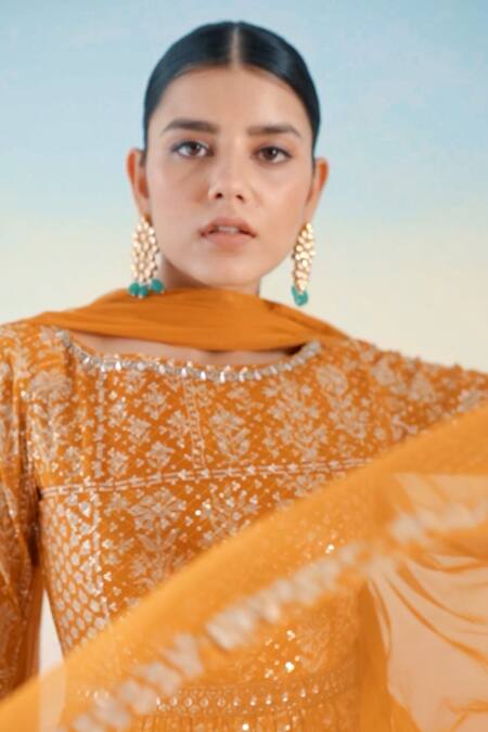 Buy_Basanti Kapde aur Koffee_Yellow Georgette Floral Boat Print Anarkali With Dupatta_Online_at_Aza_Fashions