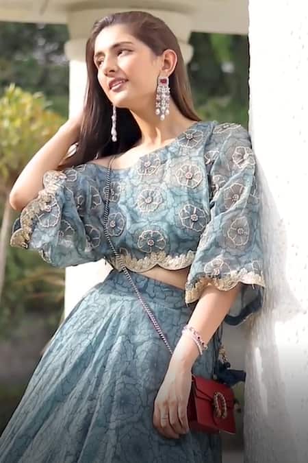 Shop_Seeaash_Blue Lehenga Organza And Blouse Lurex Floral Print, Sequin & Bahaar Set_Online_at_Aza_Fashions