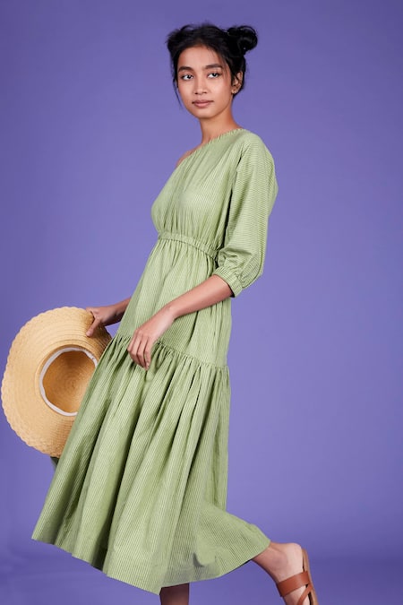 MATI Green Handwoven One Shoulder Dress