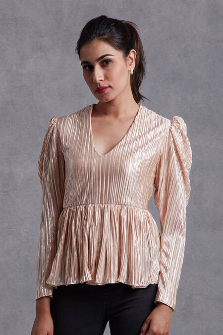 Buy Sanjhana Beige Metallic Peplum Top at Aza Fashions Buy_Sanjhana_Beige Metallic Peplum Top_at_Aza_Fashions
