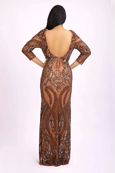 Shop Ambrosia Brown V Neck Embroidered Fish Cut Gown at Aza Fashions Shop_Ambrosia_Brown V Neck Embroidered Fish Cut Gown_at_Aza_Fashions