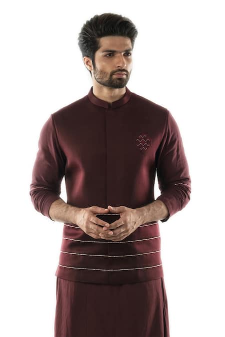 Buy_PAARSH_Maroon Cotton , Satin Embroidered Bundi And Kurta Set _Online_at_Aza_Fashions