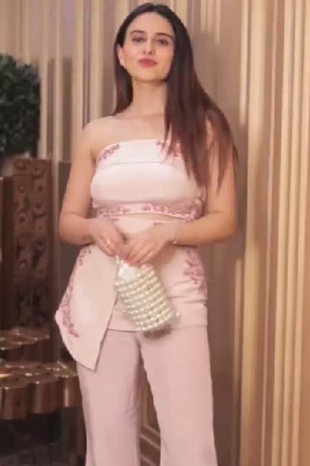 Shop_Jade By Ashima_Pink Crepe Bandeau Top And Pant Set_Online_at_Aza_Fashions