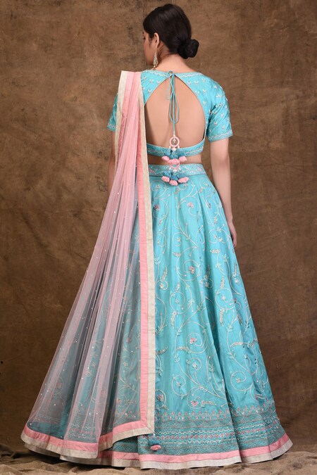 Buy Green Lehenga And Blouse Dupion Embroidered Floral Bridal Set For Women  by Aariyana Couture Online at Aza Fashions.