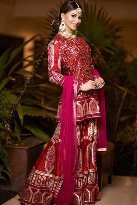 Reynu Taandon Red Net, Chanderi Silk V Neck Kurta Set 