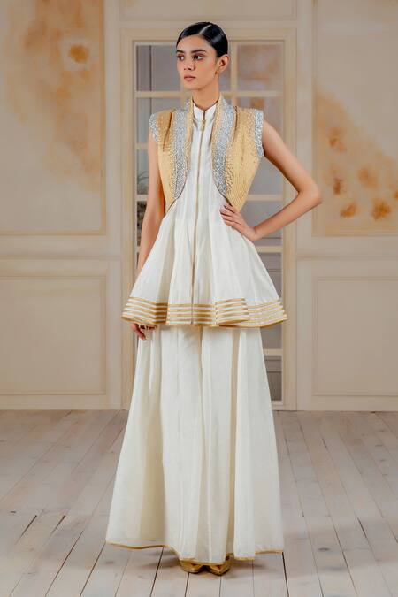 Siddartha Tytler_Gold Silk Lame Quilted Cropped Jacket _Online_at_Aza_Fashions