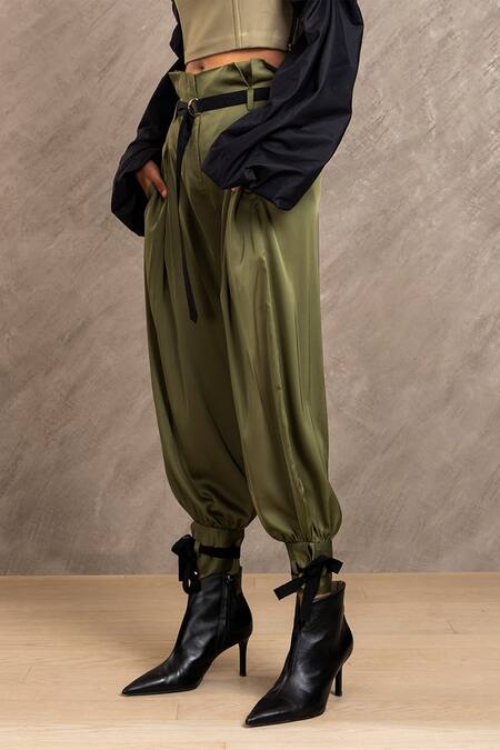 Chillosophy_Green Japanese Satin High Waist Pants_Online_at_Aza_Fashions