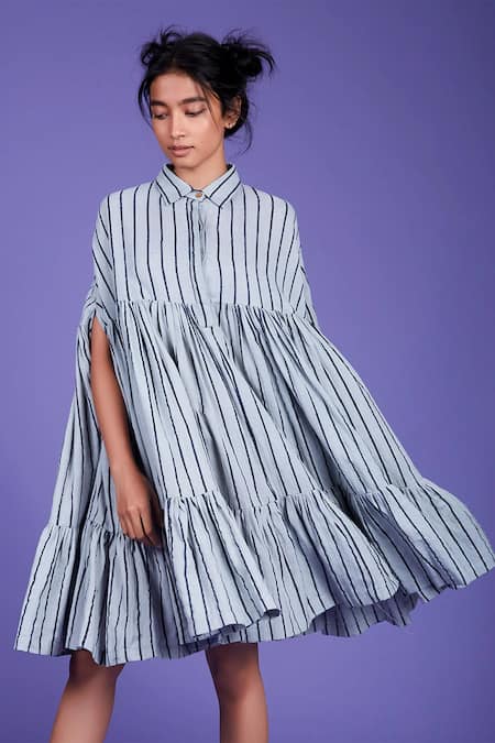 MATI Blue Cotton Striped Cape Dress