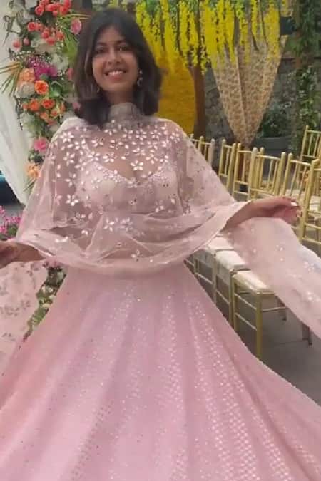 Buy_Sawan Gandhi_Pink Georgette Dupatta Net Checkered Motifs Embroidered Bridal Lehenga Set_Online_at_Aza_Fashions