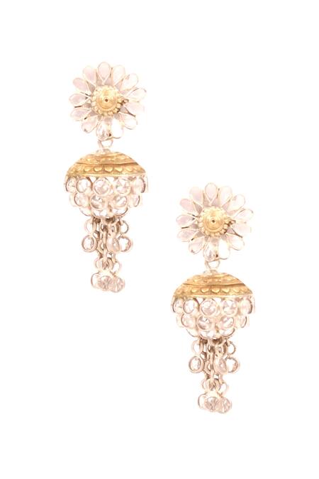 Sangeeta Boochra Gold Plated Stones Floral Motif Drop Earrings 
