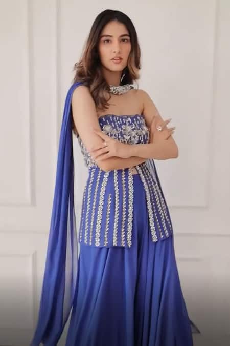 Label Sanya Gulati Blue Georgette Lining Shantoon Sequins, Cutdana Embroidery, Kurta Palazzo Set at Aza Fashions Label Sanya Gulati_Blue Georgette Lining Shantoon Sequins, Cutdana Embroidery, Kurta Palazzo Set _at_Aza_Fashions