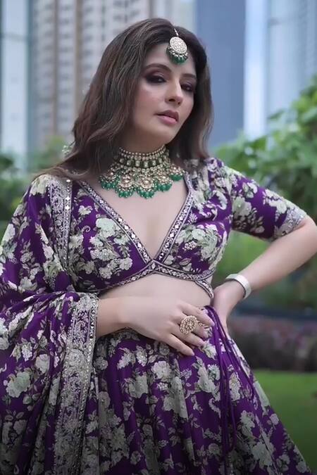 Sana Barreja_Purple Chanderi , Lining Cotton Arfana Printed Lehenga Set _at_Aza_Fashions