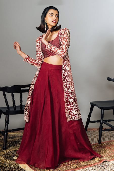 Anvi - Printed Upada Silk Beige Lehenga Set with Pure Organza Jacket  Printed Upada Silk Lehenga with side zip. Comes with blouse and Wine Pure  Organza front open jacket in buti work.