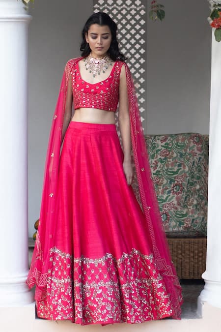 Buy Pink Main Material Blouse And Lehenga Raw Silk Scoop Embellished ...