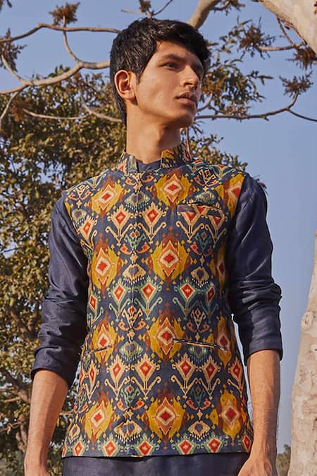 Drishti & Zahabia Blue Chanderi Silk Bundi And Pant Set Online at Aza Fashions Drishti & Zahabia_Blue Chanderi Silk Bundi And Pant Set_Online_at_Aza_Fashions