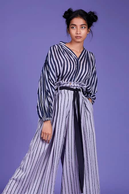 MATI Blue Cotton Striped Pant Set