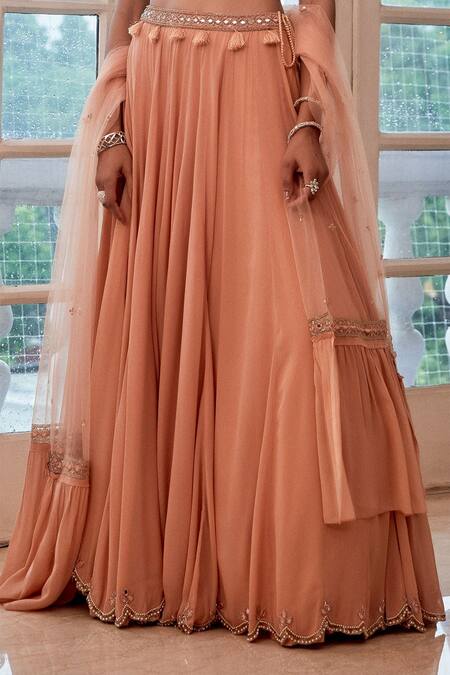 Label Sanya Gulati_Peach V Neck Embroidered Blouse And Lehenga Set _at_Aza_Fashions