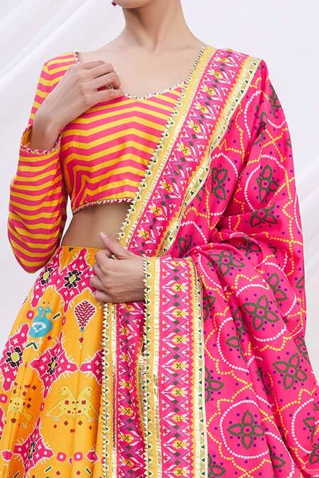 Shop_Mayyur Girotra Couture_Yellow Patola Print Lehenga Set_Online_at_Aza_Fashions