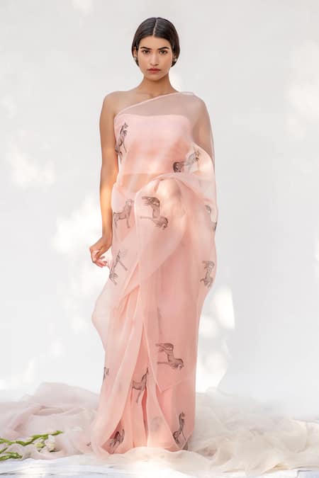 Shop_Kapardara_Pink Silk Organza Hand Painted Saree _at_Aza_Fashions