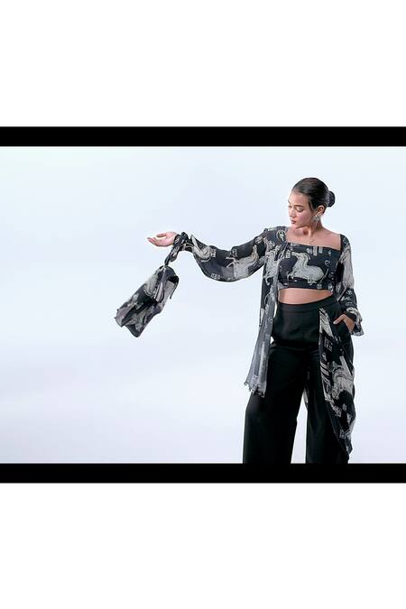 Buy_Masaba_Black Crepe Stallion Print Pant Saree_Online_at_Aza_Fashions