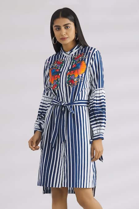 MR. Ajay Kumar Blue Cotton Stand Collar Striped Shirt Dress