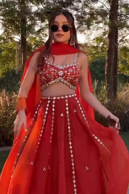 Buy_Silky Bindra_Orange Organza, Shantoon Mirror, Nakshi Sweetheart Neck Work Bridal Lehenga Set