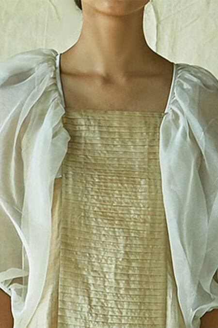 EK Katha_Beige Handloom Tussar, Silk Chanderi Square Neck Dress_at_Aza_Fashions