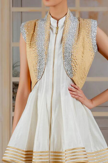 Buy_Siddartha Tytler_Gold Silk Lame Quilted Cropped Jacket _Online_at_Aza_Fashions