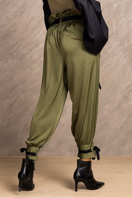 Buy_Chillosophy_Green Japanese Satin High Waist Pants_Online_at_Aza_Fashions