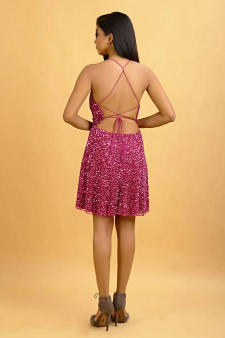Shop Ambrosia Pink Halter Neck Embroidered Dress at Aza Fashions Shop_Ambrosia_Pink Halter Neck Embroidered Dress_at_Aza_Fashions