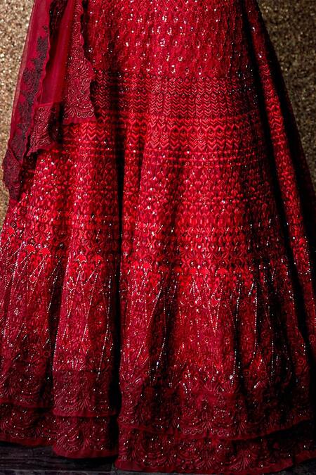 Buy Jade By Monica & Karishma Red V Neck Embroidered Bridal Lehenga Set Online at Aza Fashions Buy_Jade By Monica & Karishma_Red V Neck Embroidered Bridal Lehenga Set _Online_at_Aza_Fashions