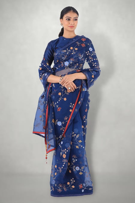 I Am Design_Blue Raw Silk Aari Crew Neck Floral Embroidered Blouse _Online_at_Aza_Fashions