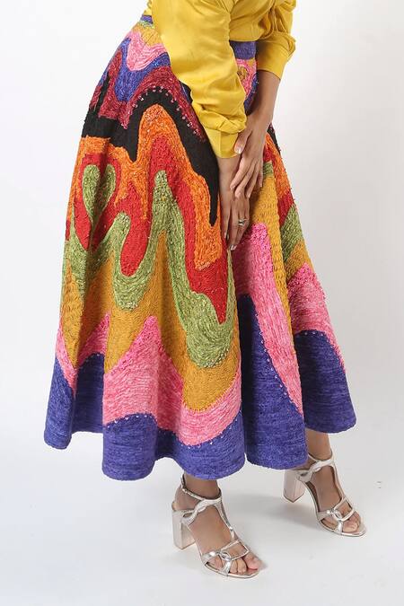 Shop_Siddhartha Bansal_Multi Color Ming Crepe Colorblock Embroidered Skirt _Online_at_Aza_Fashions