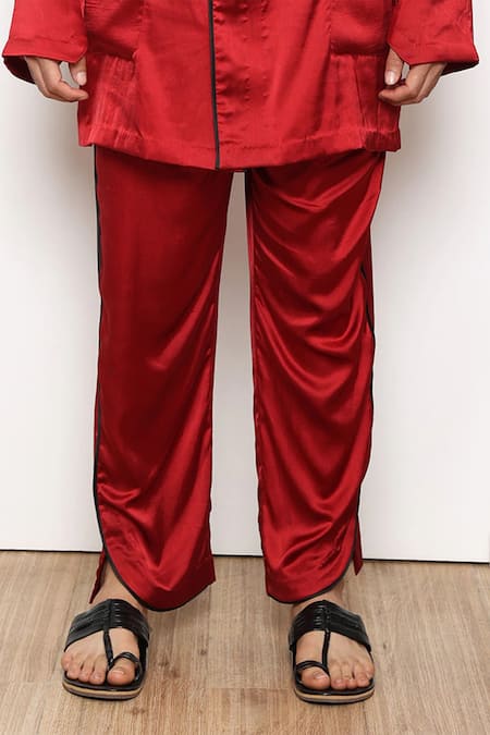 Shop_Arjuun Kilachand_Red Silk Lounge Shirt And Pant Set _Online_at_Aza_Fashions