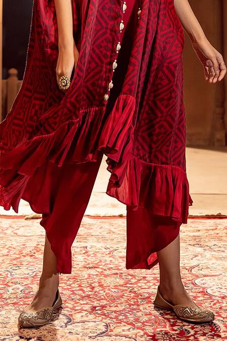 Seeaash_Red Modal Satin Printed Geometric Motifs Notched Kaftan And Pant Set_at_Aza_Fashions