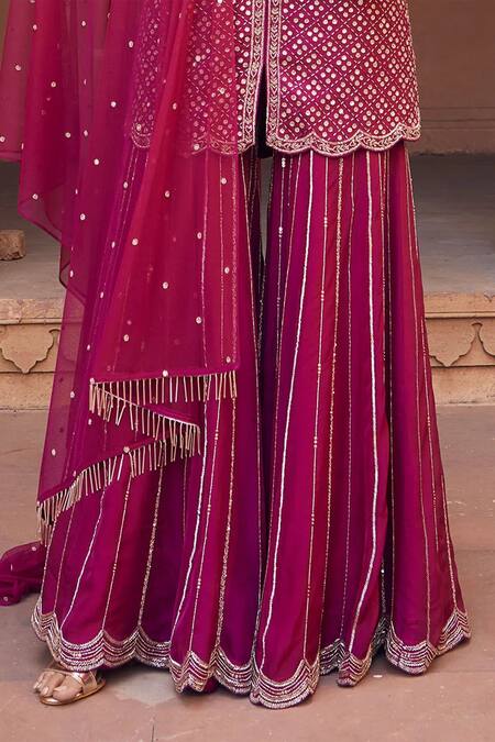 Shop_Charu And Vasundhara_Pink Kurta And Dupatta- Net, Sharara- Organza Leaf Neck Embellished Set _Online_at_Aza_Fashions