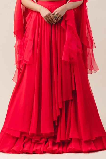 Shop_Tarun Tahiliani_Red Georgette V Neck Draped Blouse And Lehenga Set_Online_at_Aza_Fashions