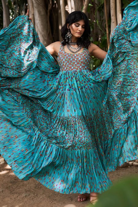Punit Balana_Blue Satin Silk U Neck Printed Tiered Gown _Online_at_Aza_Fashions