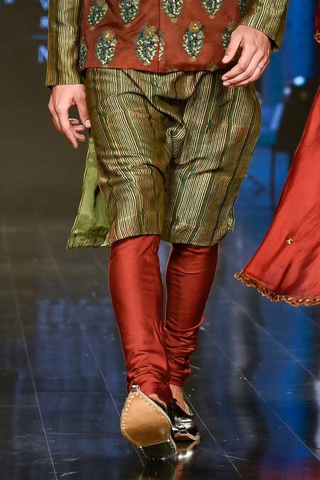 Buy_Punit Balana_Yellow Satin Silk Floral, Striped Printed Bundi And Kurta Set _Online_at_Aza_Fashions