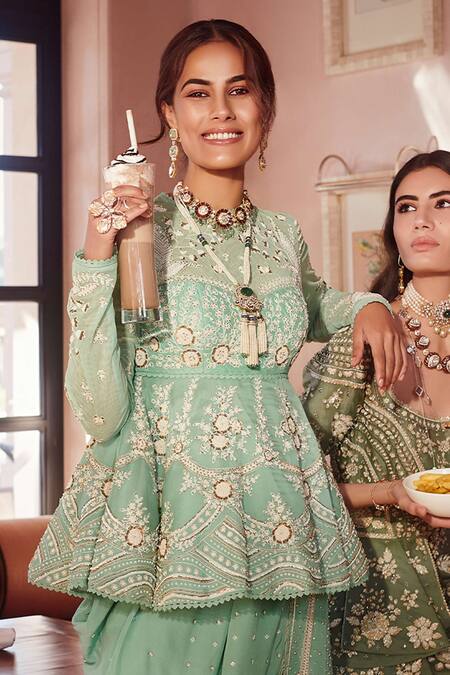 Sahil Kochhar_Blue Organza Dhoti Crepe Leggings Net Round Shahroz Cowl Set_at_Aza_Fashions