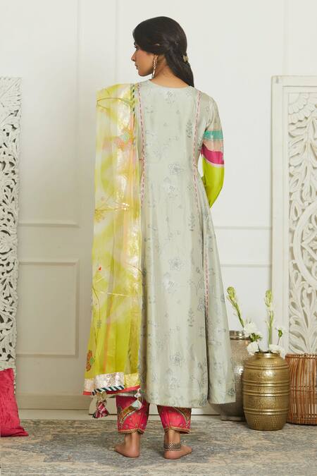 Shop Rajiramniq Grey Silk, Organza Round Printed Anarkali Set at Aza Fashions Shop_Rajiramniq_Grey Silk, Organza Round Printed Anarkali Set _at_Aza_Fashions