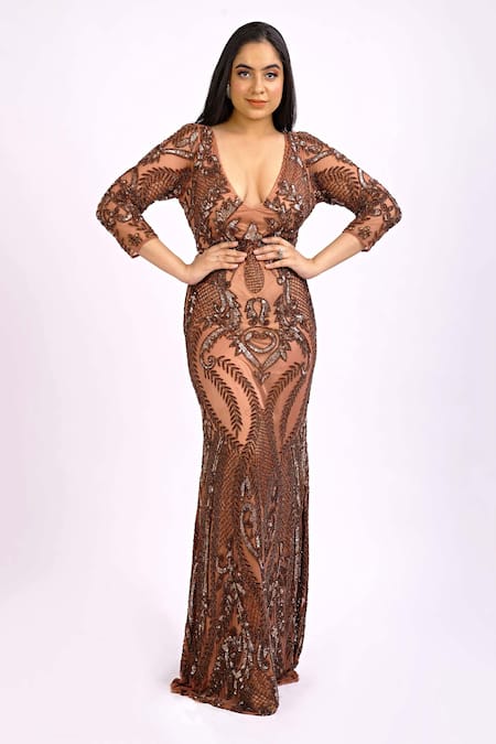 Ambrosia Brown V Neck Embroidered Fish Cut Gown
