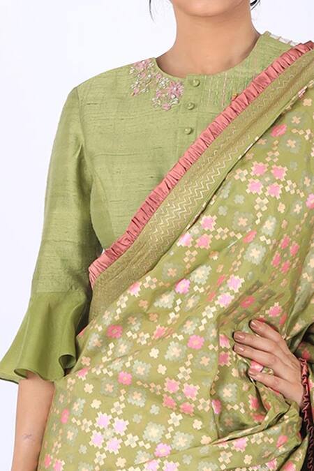 I Am Design Green Raw Silk Round Embroidered Blouse at Aza Fashions I Am Design_Green Raw Silk Round Embroidered Blouse _at_Aza_Fashions