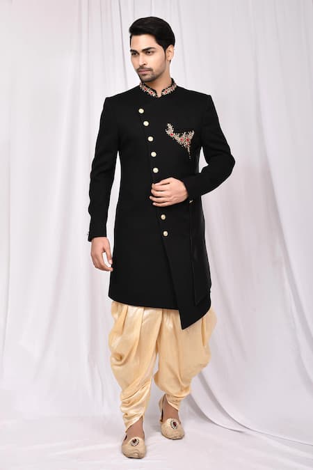 Arihant Rai Sinha Black Embossed Fabric Asymmetric Sherwani Set