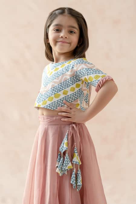 Shop Thetaa Pink Cotton, Silk, Viscose, Voile Geometric Print Blouse Lehenga Set Online at Aza Fashions Shop_Thetaa_Pink Cotton, Silk, Viscose, Voile Geometric Print Blouse Lehenga Set _Online_at_Aza_Fashions